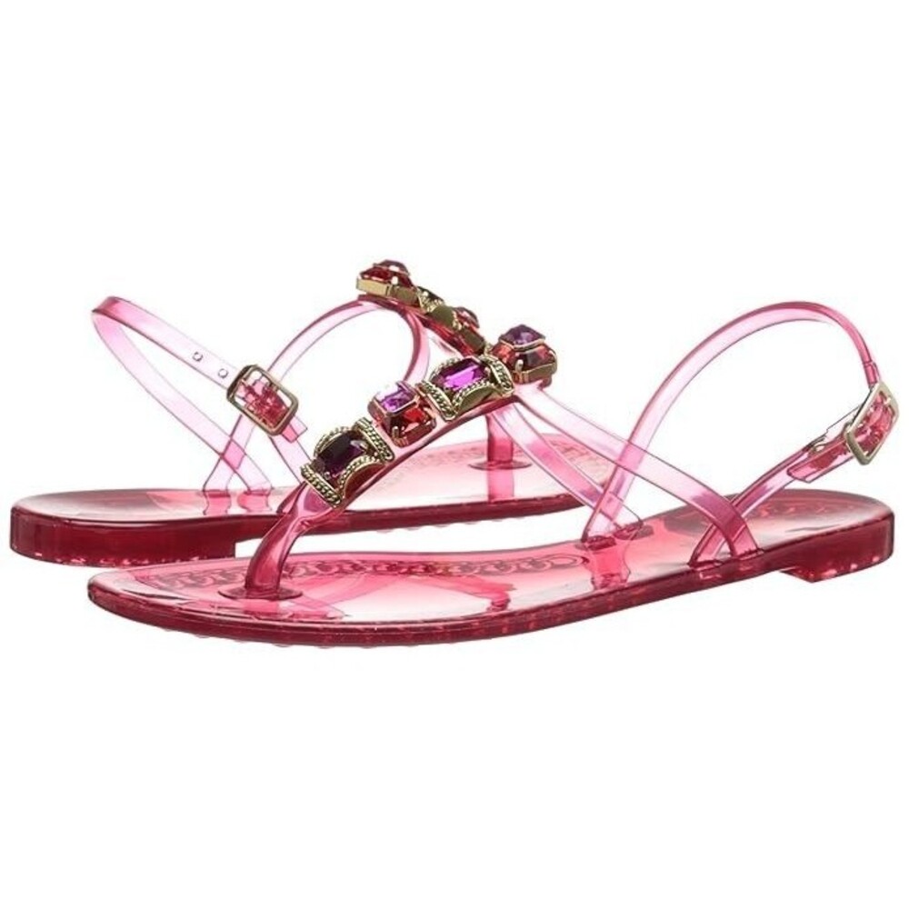 Casadei Pink Crystal Embellished Chain Decor Shiny PVC Jelly T-Bar Sandal Sz 39 - Picture 3 of 8